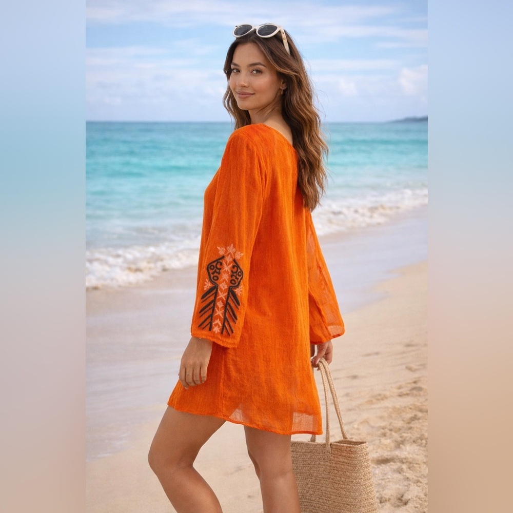 Umgee Boho Embroidered Tunic Top Orange Peasant Blouse Beach Cover Up M